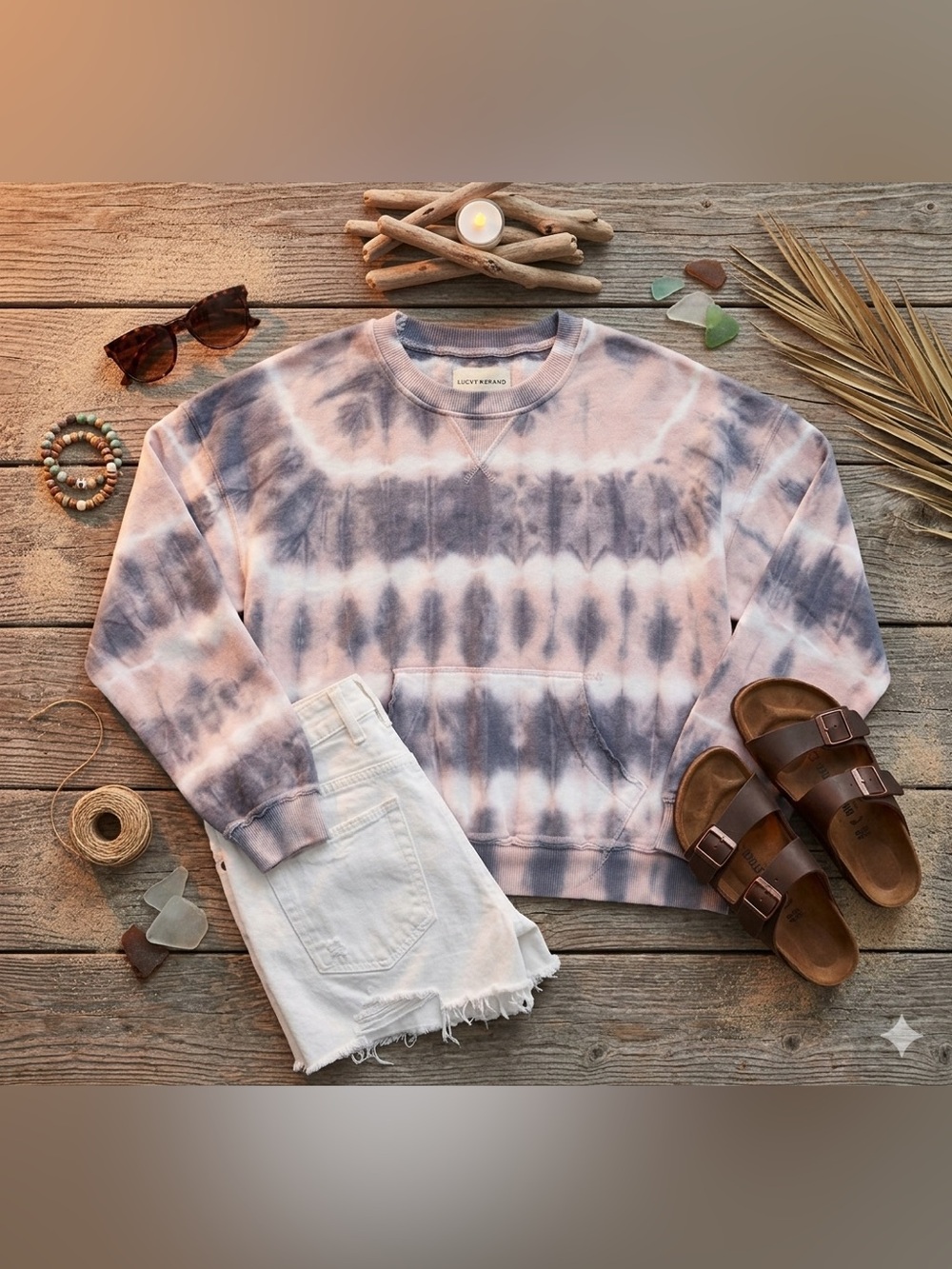 Lucky Brand Slouchy Fleece Sweatshirt Peachy Pink Gray White Tie Dye Size Small
